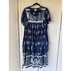 VTG Daffodil Mumu Dress Womens 1X Blue Floral Lounge Wear Cotton Pockets SS